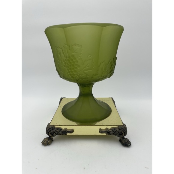 Other - Vtg Granny Core Green Frosted Pedestal Bowl on Brass Claw‎ Foot Base 7.5" Tall